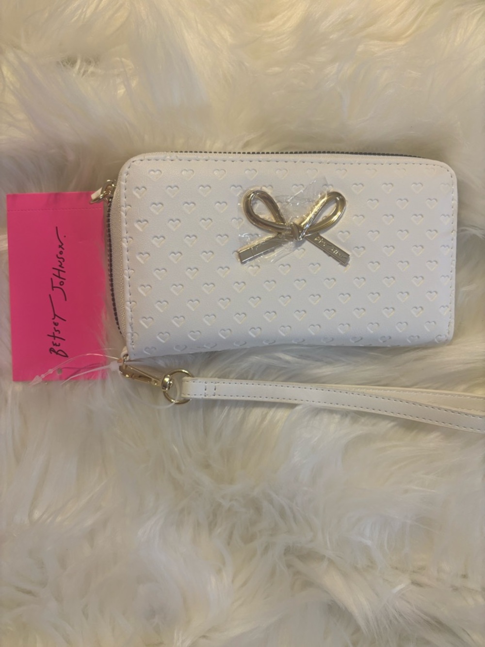 Betsey Johnson White Heart-Textured Wristlet with Gold Bow Accent